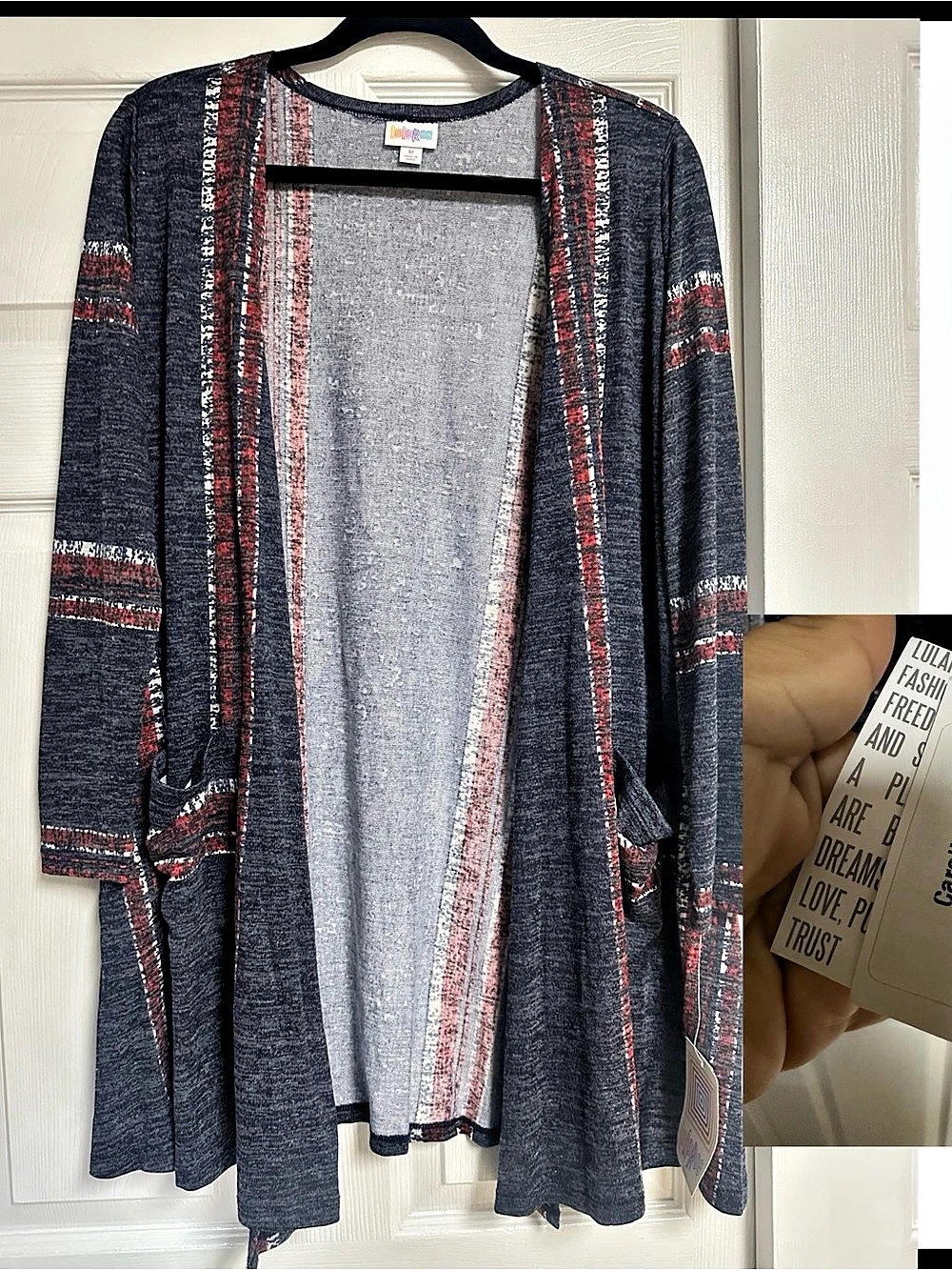 Medium Striped Open Front Cardigan in Gray & Red